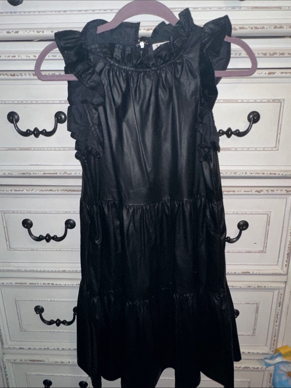 Women’s Black Faux Leather Ruffled Tiered Dress
